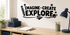 IMAGINE CREATE EXPLORE black vinyl kids wall decal with pencil, paper airplane, planet, and stars above a pale oak study console.
