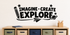 Black Imagine Create Explore kids wall decal with pencil, paper airplane, planet, and stars above a light oak storage console.