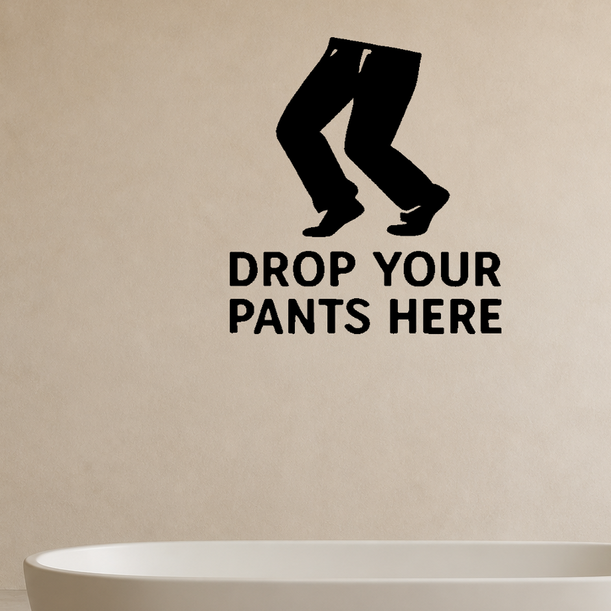 Drop Your Pants Here - Funny Bathroom Wall Decal Vinyl Sticker Removable shown as a removable vinyl wall decal in a category-appropriate room