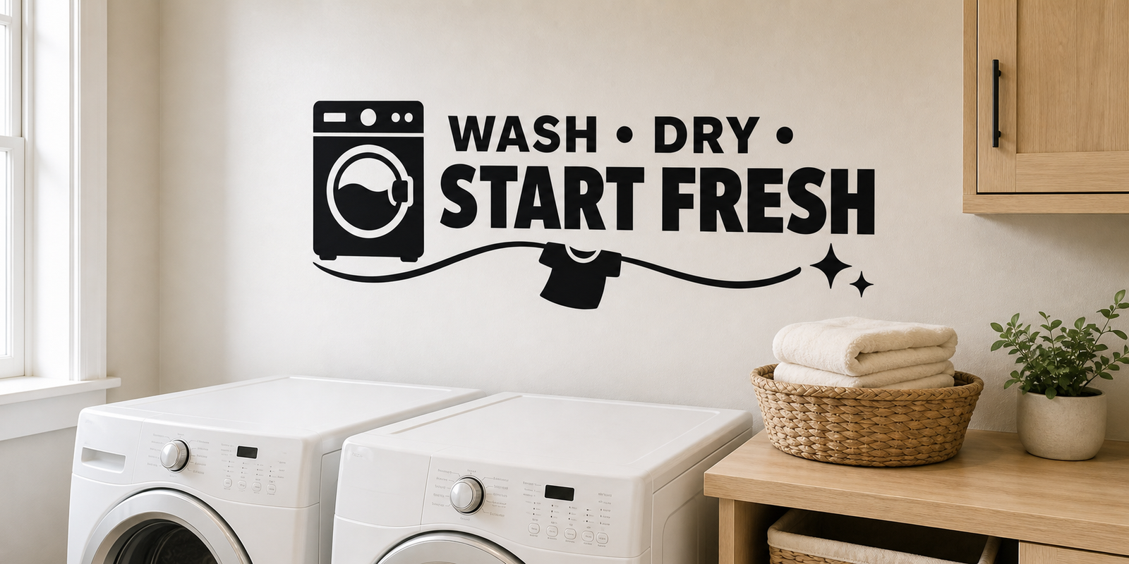 WASH DRY START FRESH black vinyl laundry wall decal with washer, shirt, and sparkles above white laundry machines.