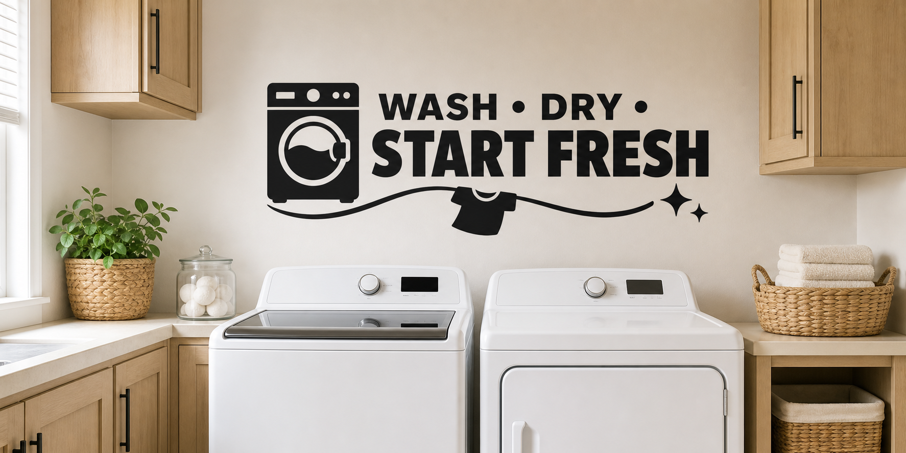 Black Wash Dry Start Fresh laundry room wall decal with washer, shirt, and sparkle details above white laundry machines.