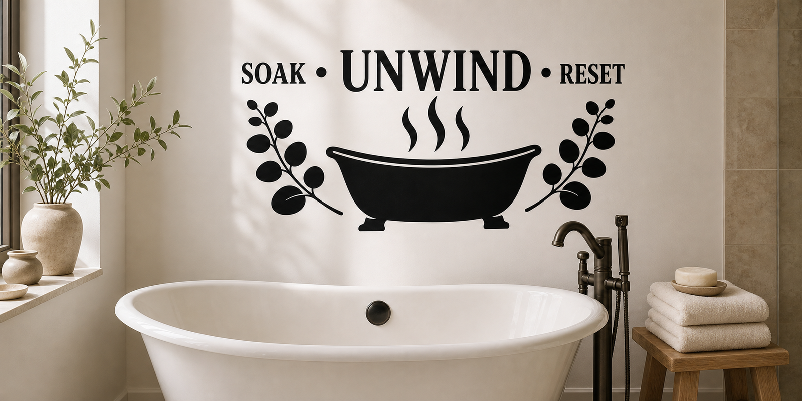 SOAK UNWIND RESET black vinyl bathroom wall decal with bathtub, steam, and eucalyptus above a white freestanding tub.