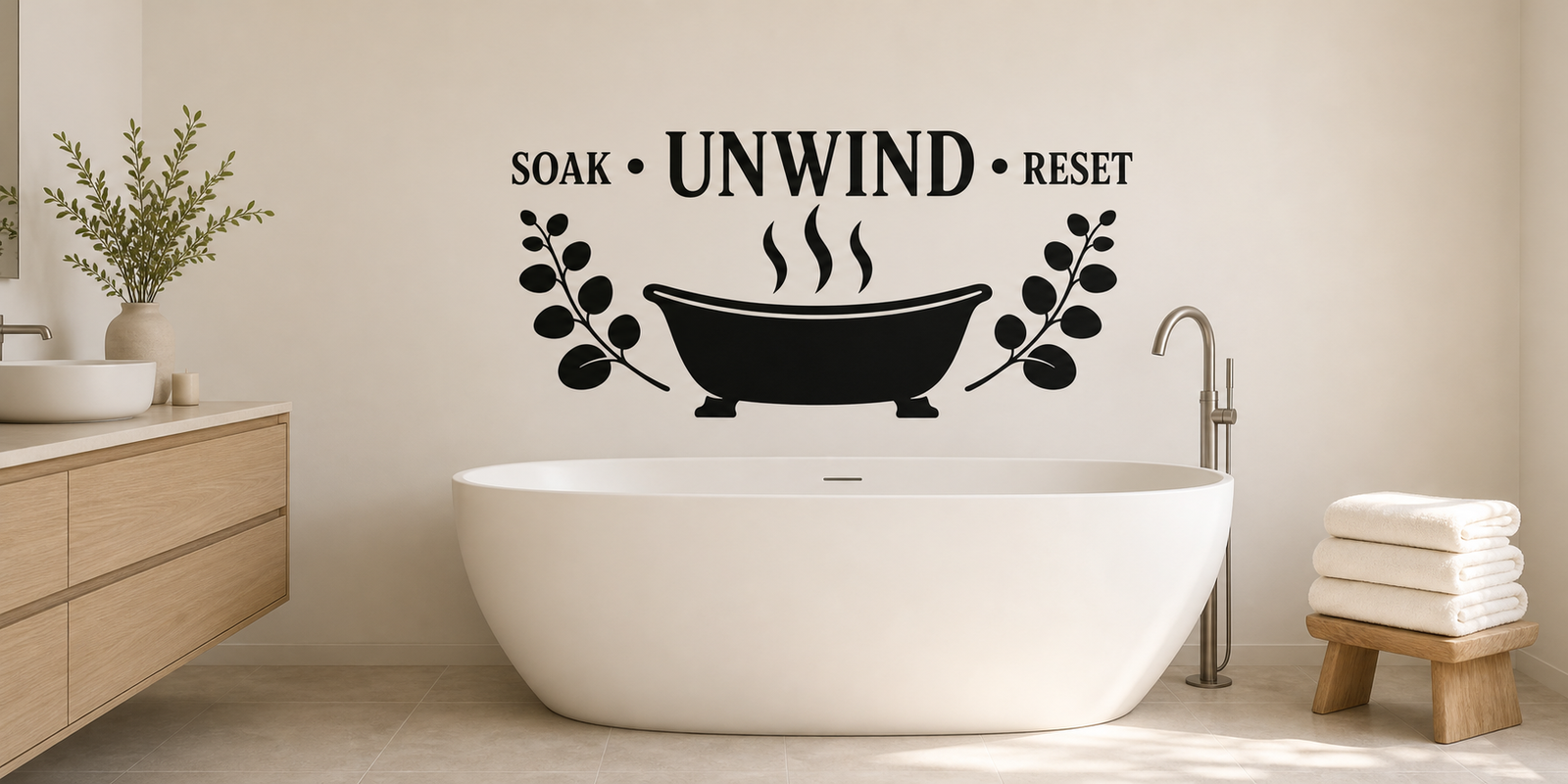 Black Soak Unwind Reset bathroom wall decal with bathtub, steam, and eucalyptus above a white freestanding tub.