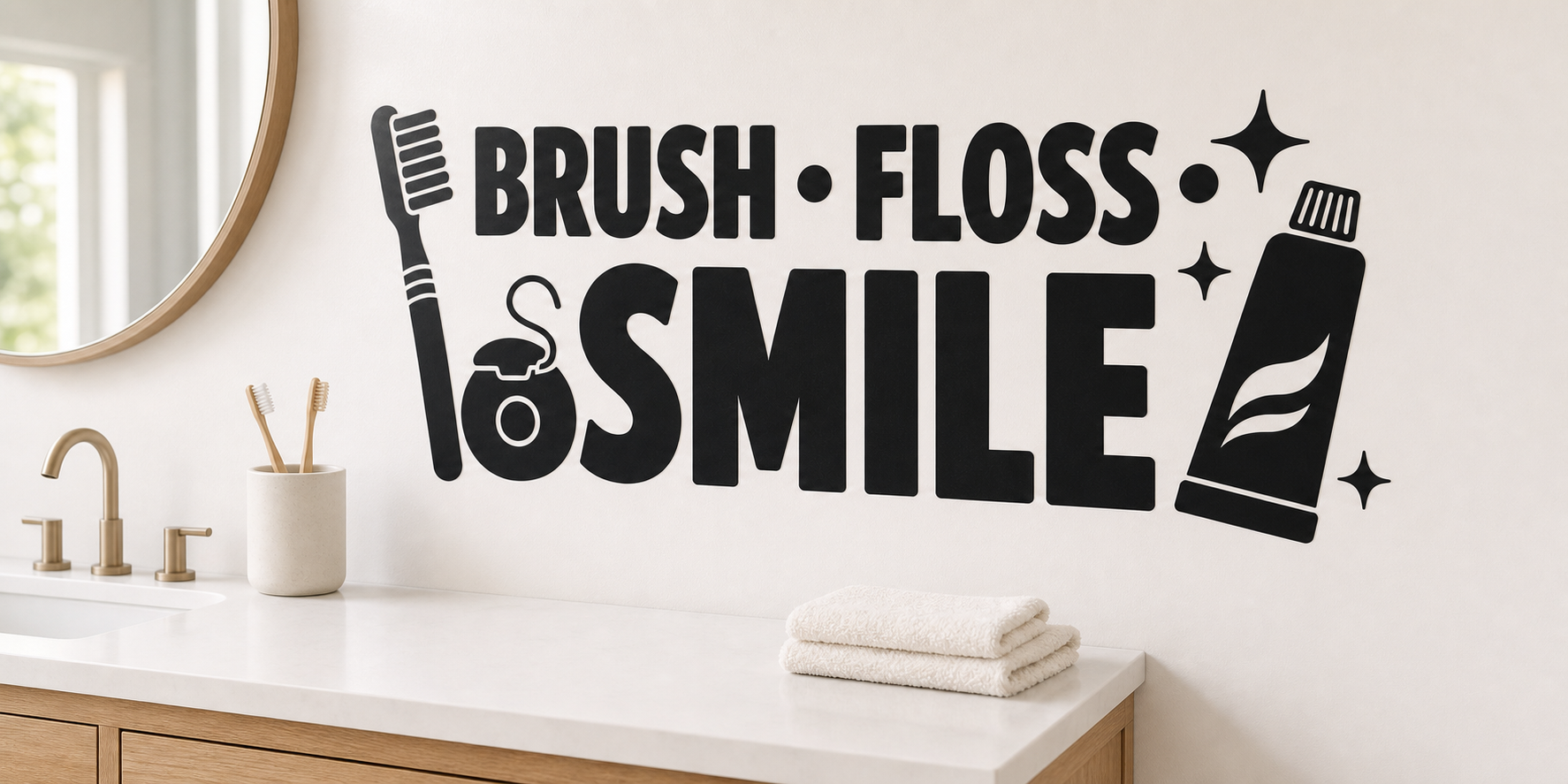 BRUSH FLOSS SMILE black vinyl bathroom wall decal with toothbrush, floss, toothpaste, and sparkles above a pale oak vanity.