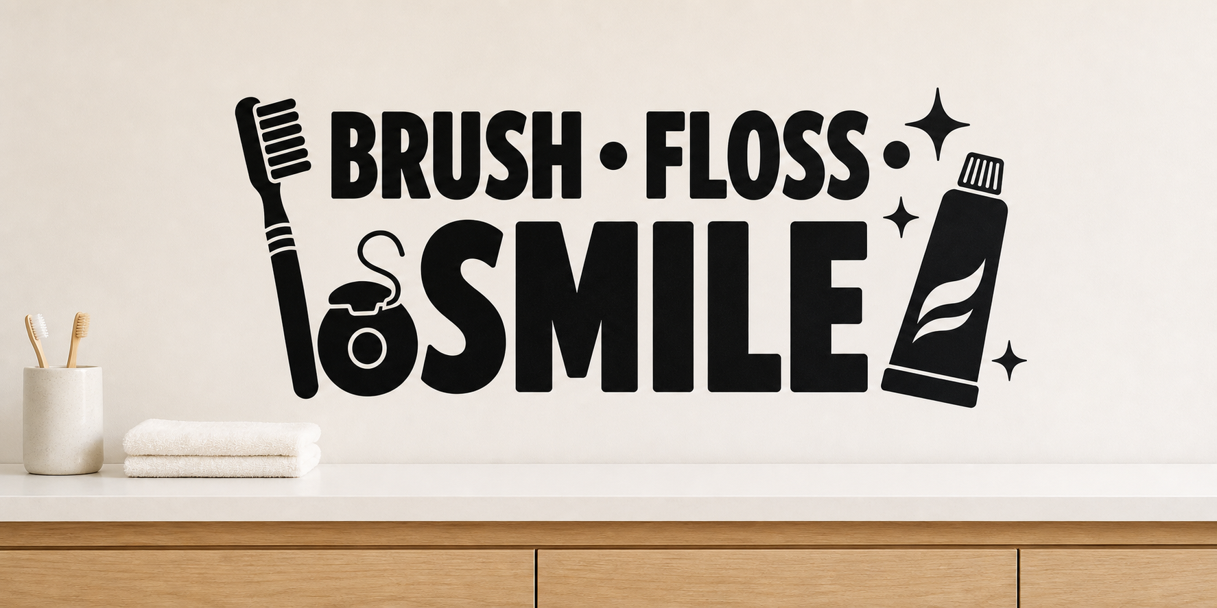 Black Brush Floss Smile bathroom wall decal with toothbrush, floss, toothpaste, and sparkles above a light oak vanity.