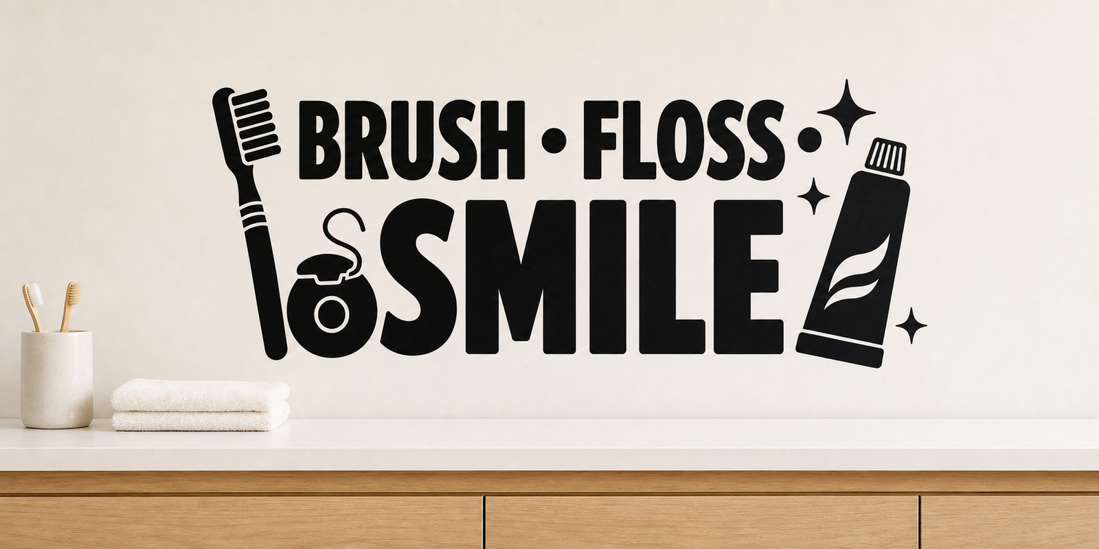 Black Brush Floss Smile bathroom wall decal with toothbrush, floss, toothpaste, and sparkles above a light oak vanity.