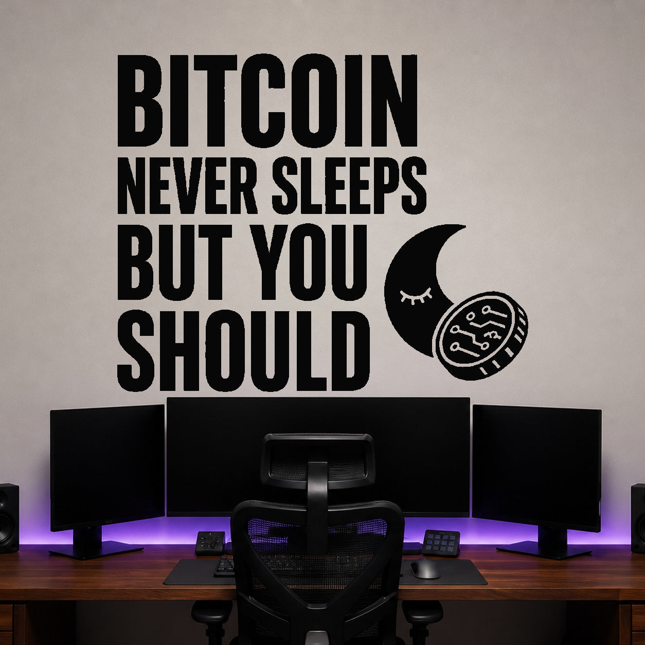 Alternate room view of the Bitcoin Never Sleeps But You Should removable vinyl wall decal.