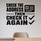 Check the Address Then Check It Again removable vinyl wall decal shown in a styled room.