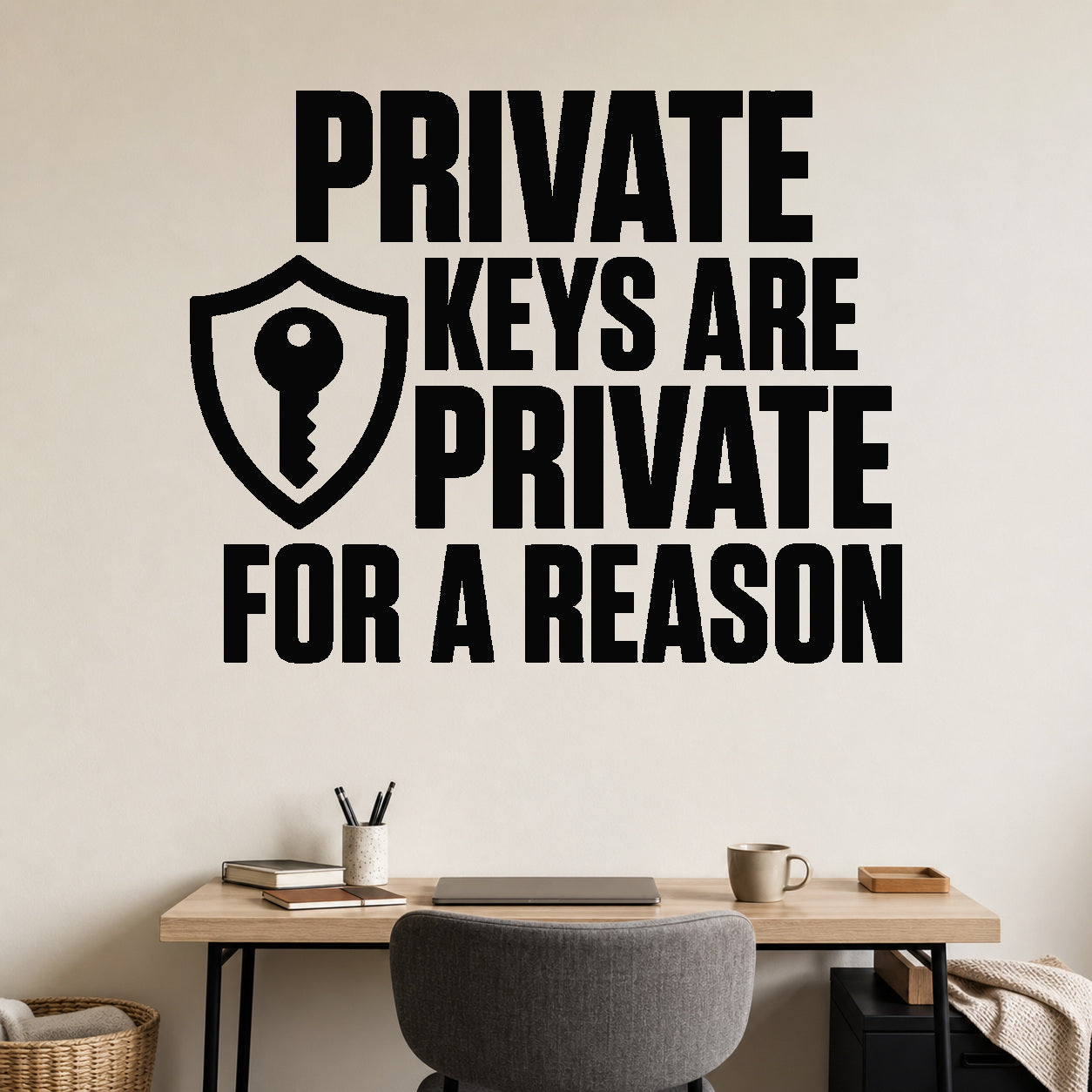 Private Keys Are Private for a Reason removable vinyl wall decal shown in a styled room.