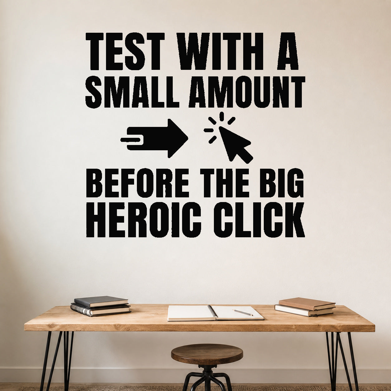 Alternate room view of the Test with a Small Amount Before the Big Heroic Click removable vinyl wall decal.