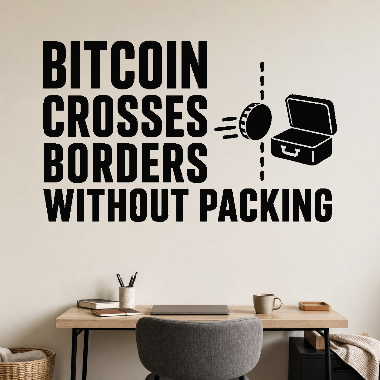 Bitcoin Crosses Borders Without Packing removable vinyl wall decal shown in a styled room.