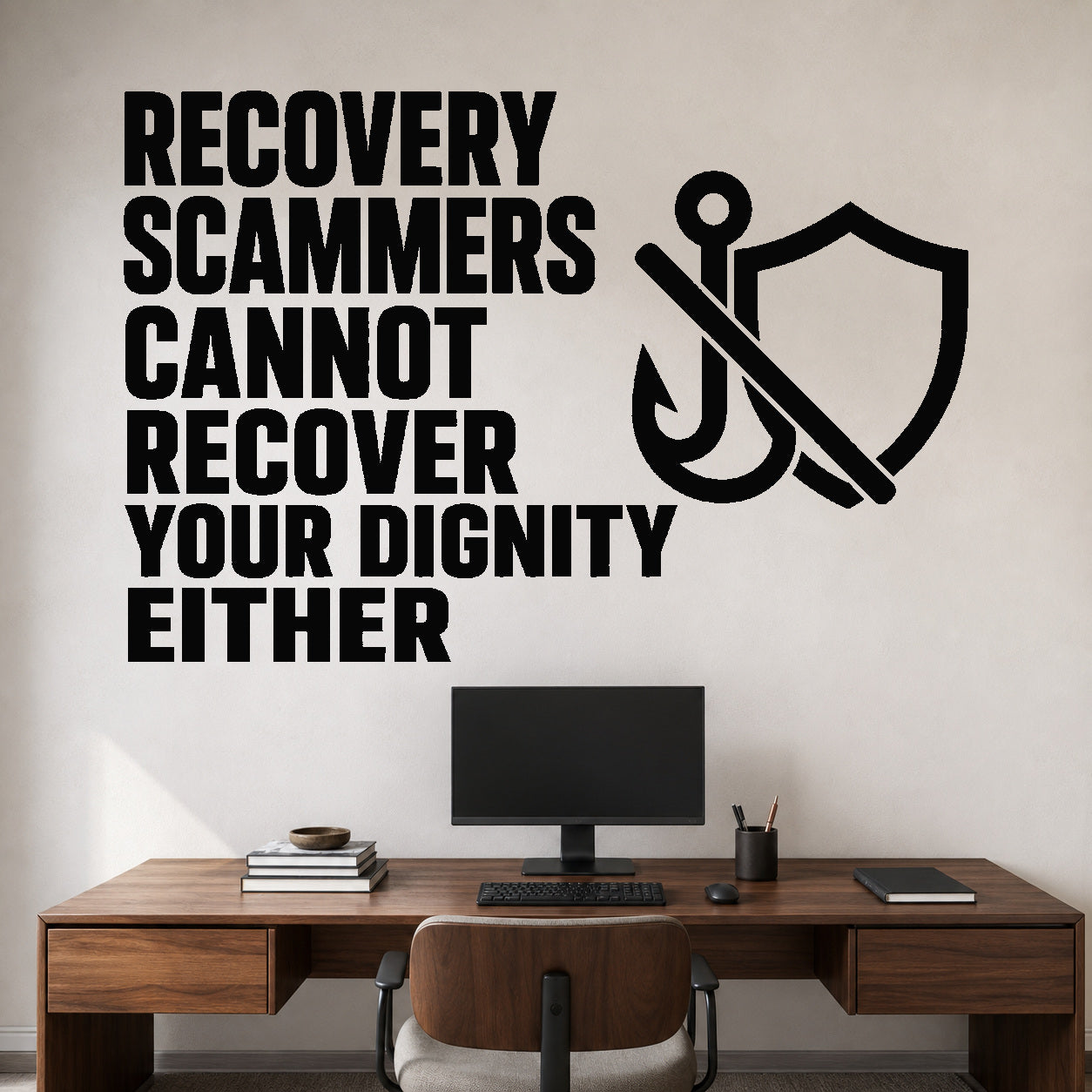 Recovery Scammers Cannot Recover Your Dignity Either removable vinyl wall decal shown in a styled room.