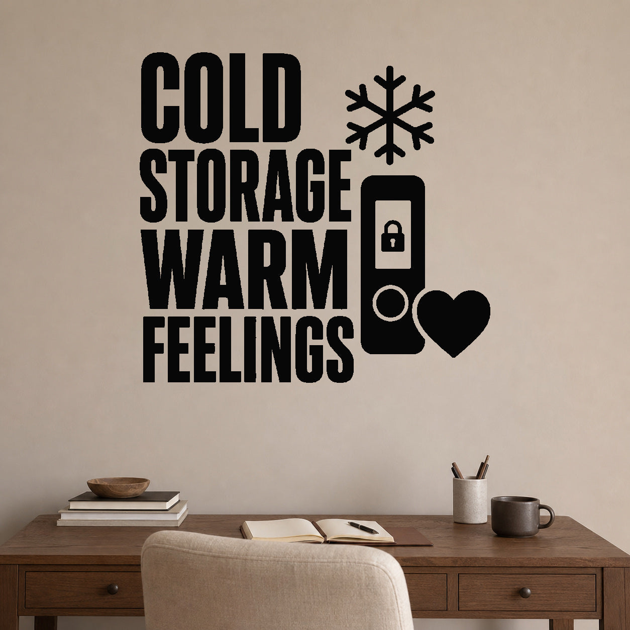 Alternate room view of the Cold Storage Warm Feelings removable vinyl wall decal.