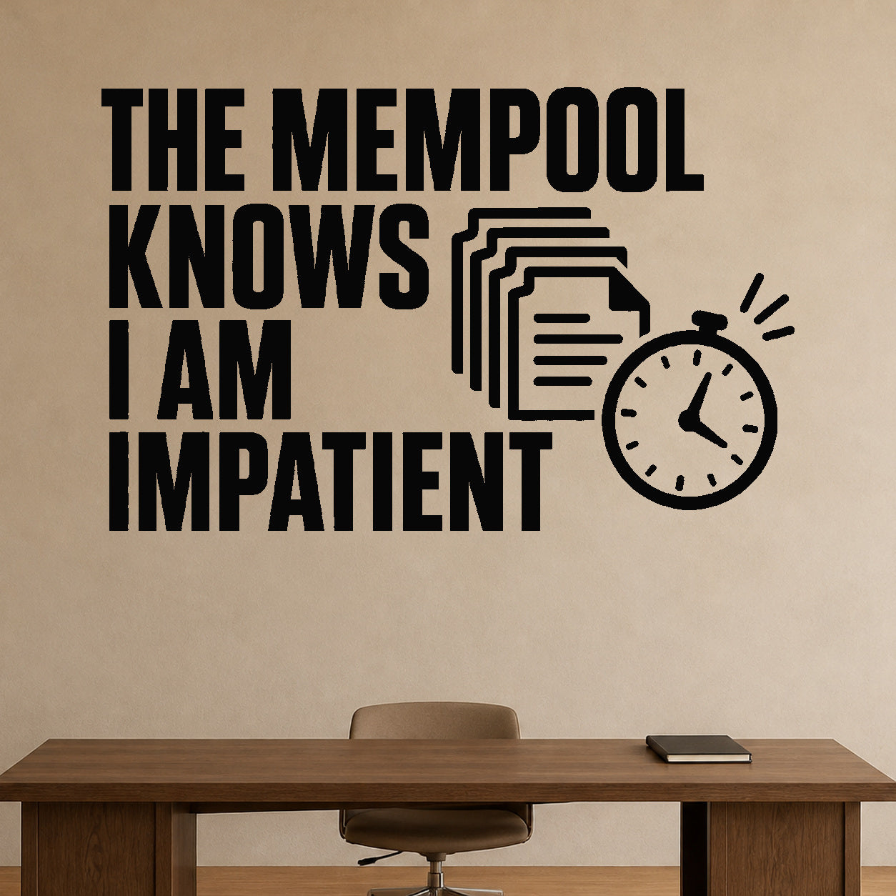Alternate room view of the The Mempool Knows I Am Impatient removable vinyl wall decal.