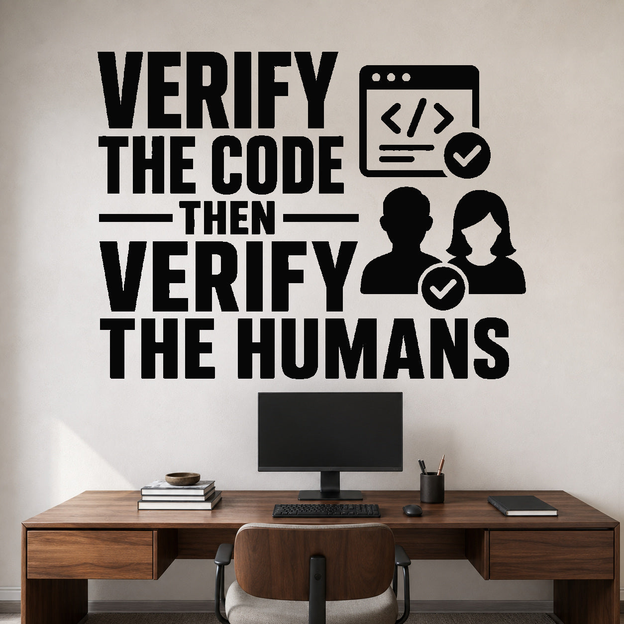 Verify the Code Then Verify the Humans removable vinyl wall decal shown in a styled room.
