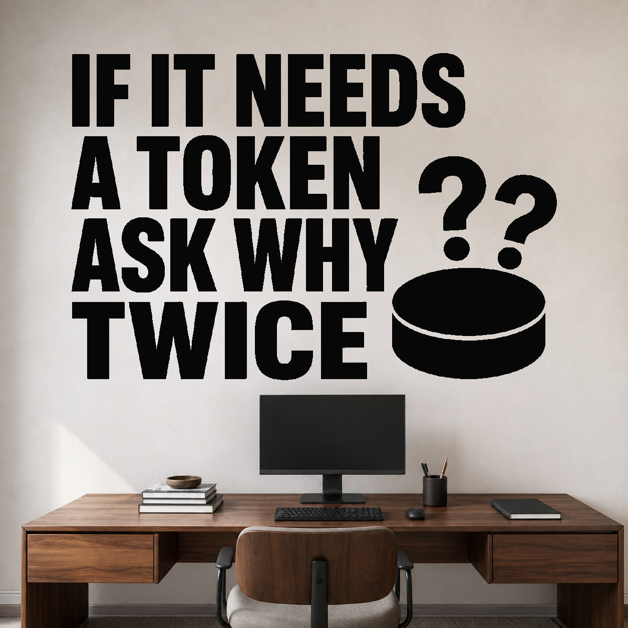 Alternate room view of the If It Needs a Token Ask Why Twice removable vinyl wall decal.