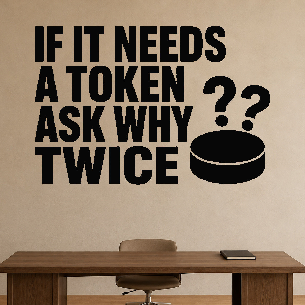 If It Needs a Token Ask Why Twice removable vinyl wall decal shown in a styled room.