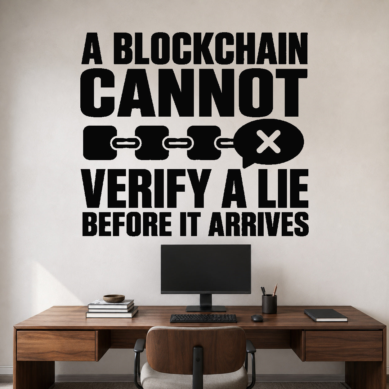 A Blockchain Cannot Verify A Lie Before It Arrives - Blockchain Humor Wall Decal removable vinyl wall decal shown on a smooth interior wall