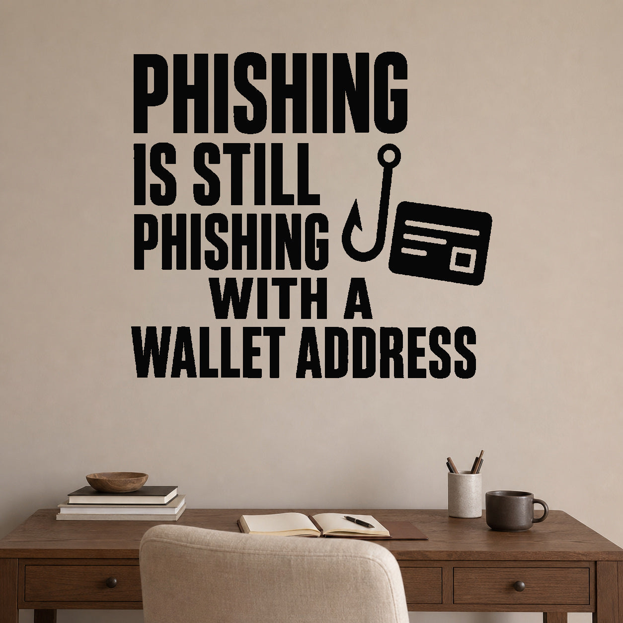 Alternate room view of the Phishing Is Still Phishing with a Wallet Address removable vinyl wall decal.