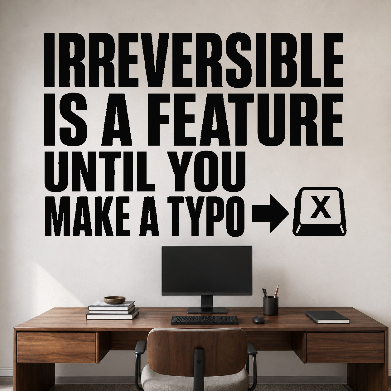 Alternate room view of the Irreversible Is a Feature Until You Make a Typo removable vinyl wall decal.