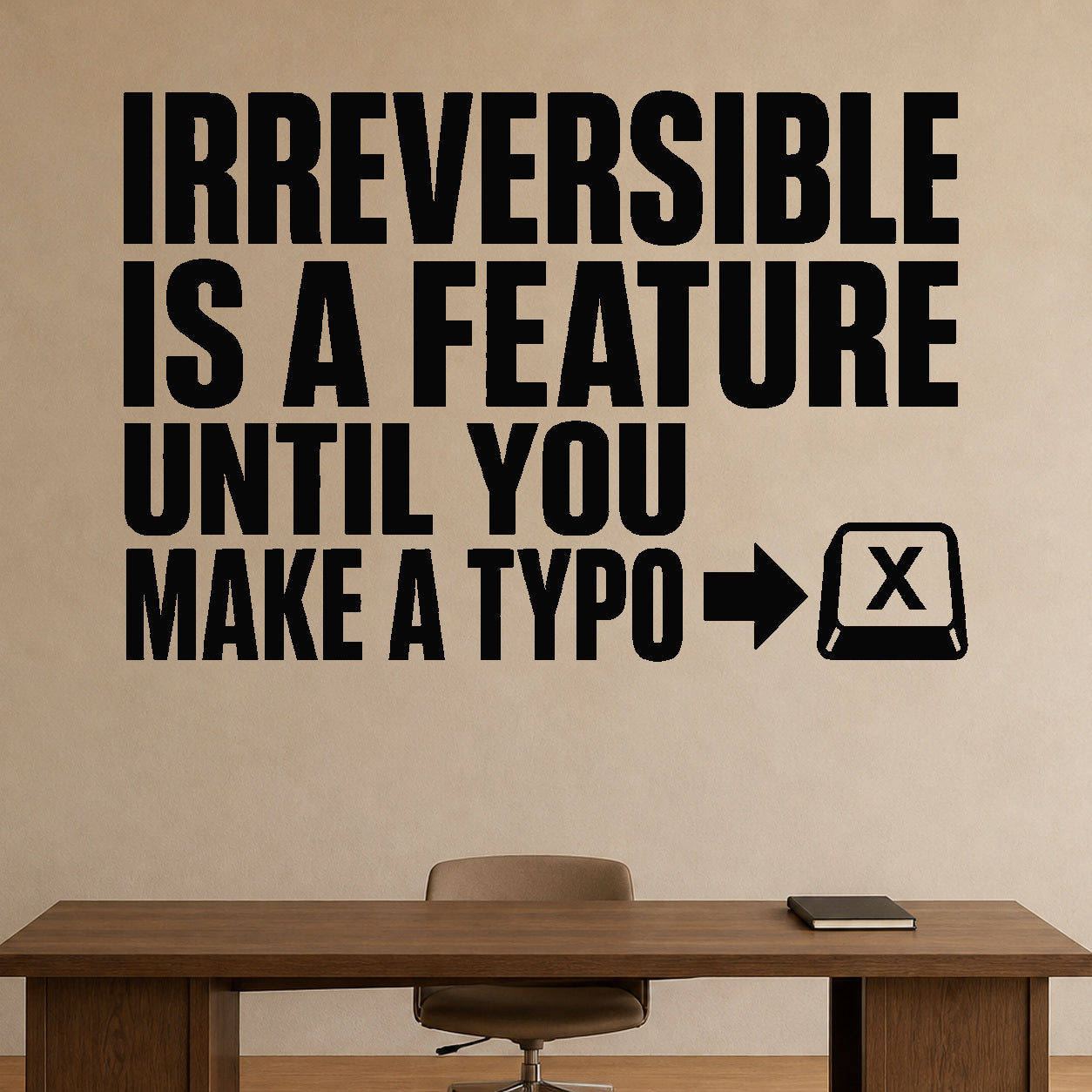 Irreversible Is a Feature Until You Make a Typo removable vinyl wall decal shown in a styled room.
