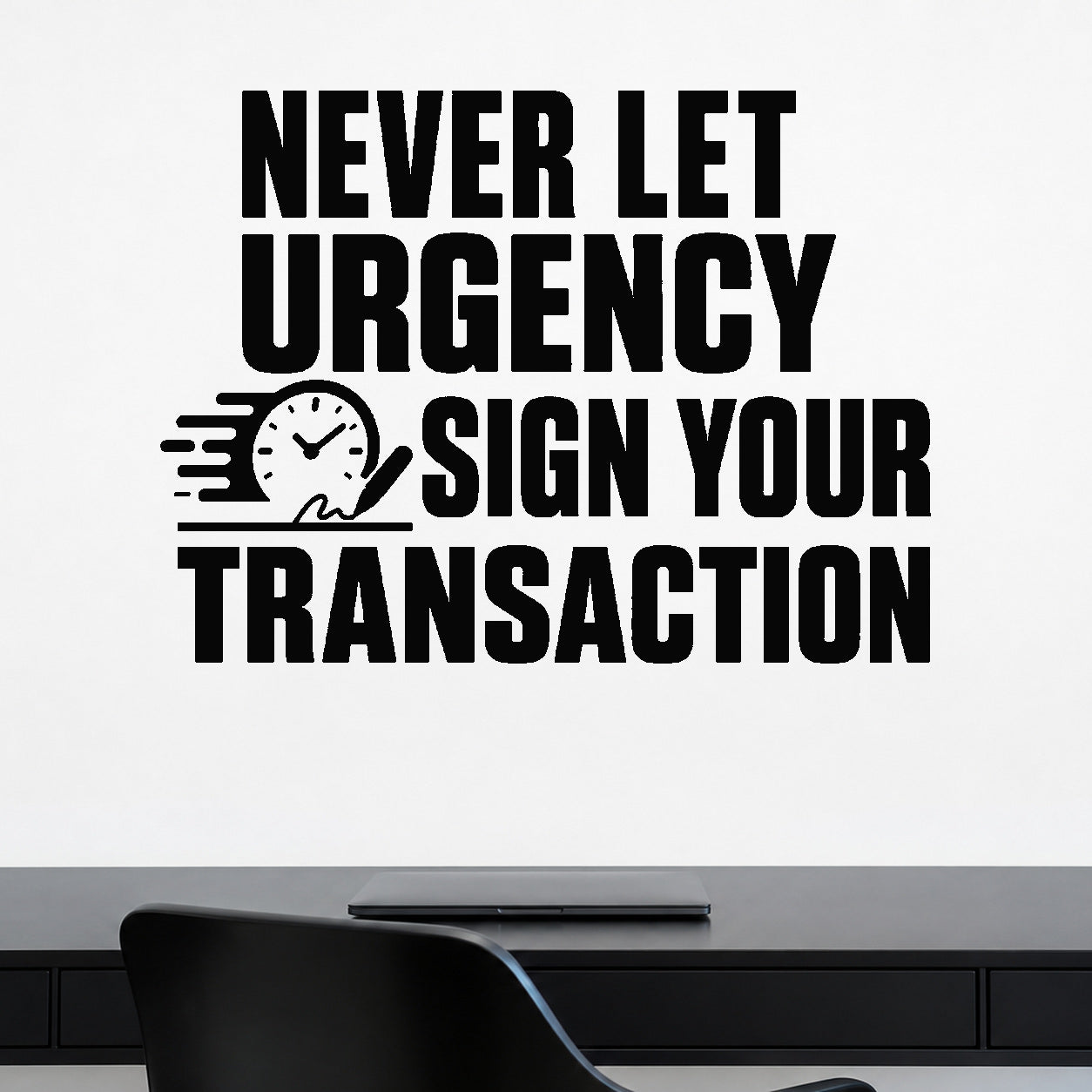 Alternate room view of the Never Let Urgency Sign Your Transaction removable vinyl wall decal.