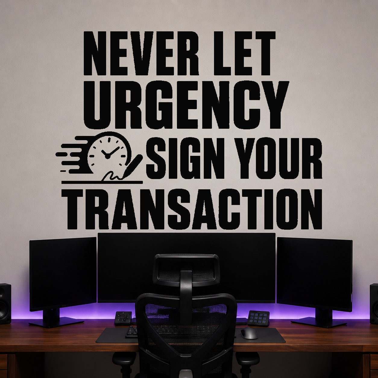 Never Let Urgency Sign Your Transaction removable vinyl wall decal shown in a styled room.