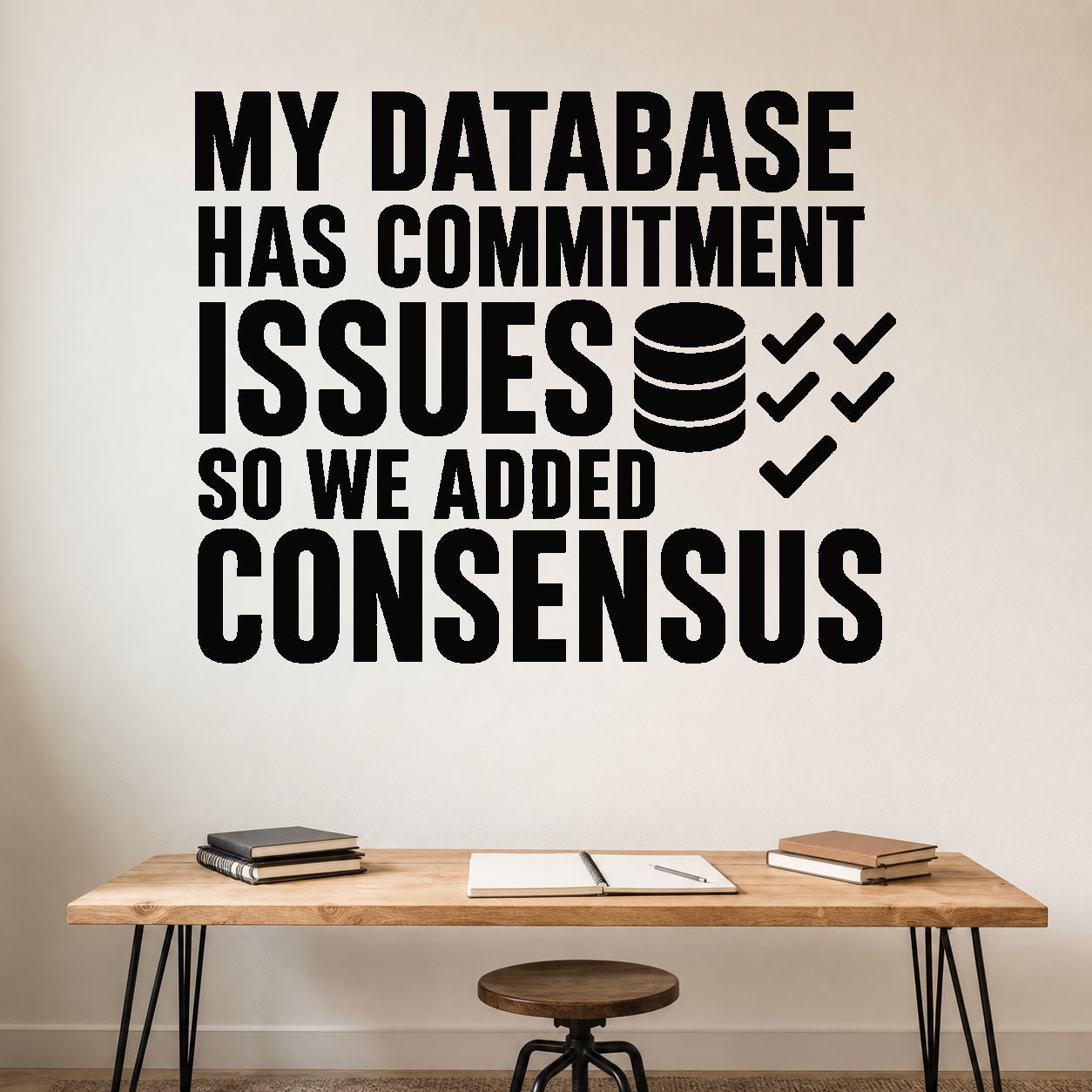 Alternate room view of the My Database Has Commitment Issues So We Added Consensus removable vinyl wall decal.