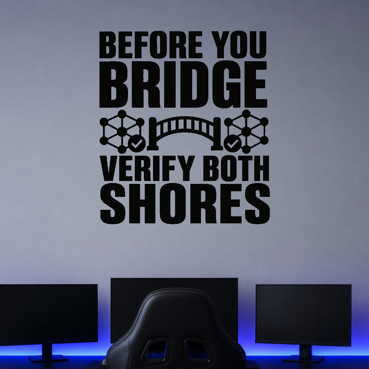 Alternate room view of the Before You Bridge Verify Both Shores removable vinyl wall decal.