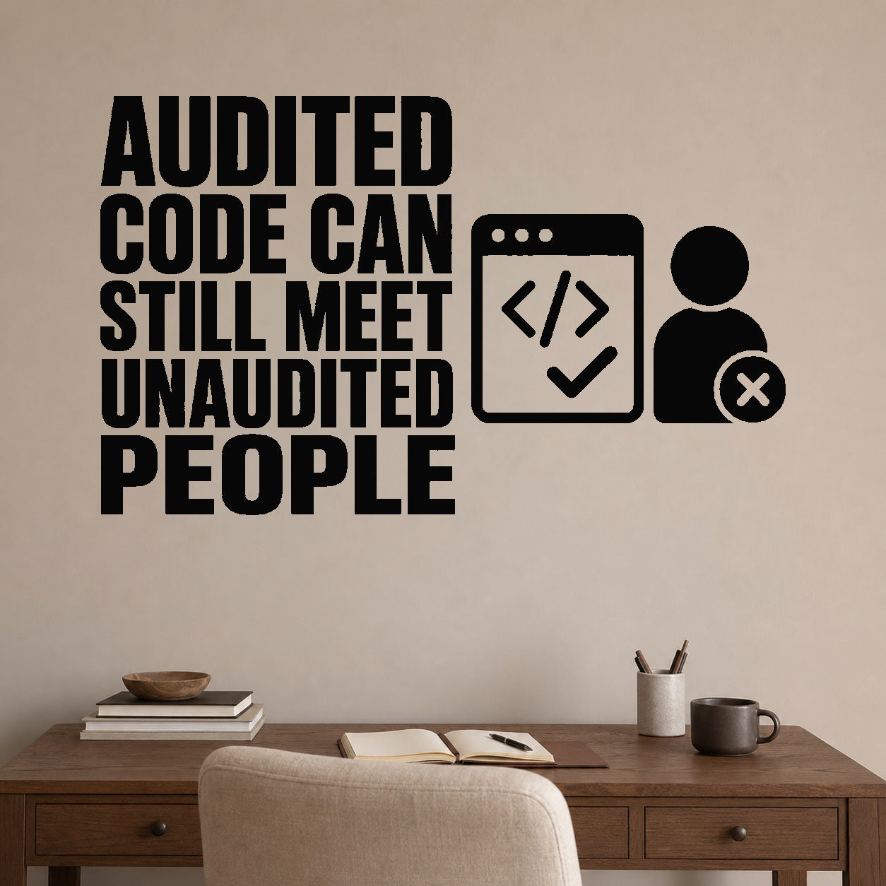 Alternate room view of the Audited Code Can Still Meet Unaudited People removable vinyl wall decal.
