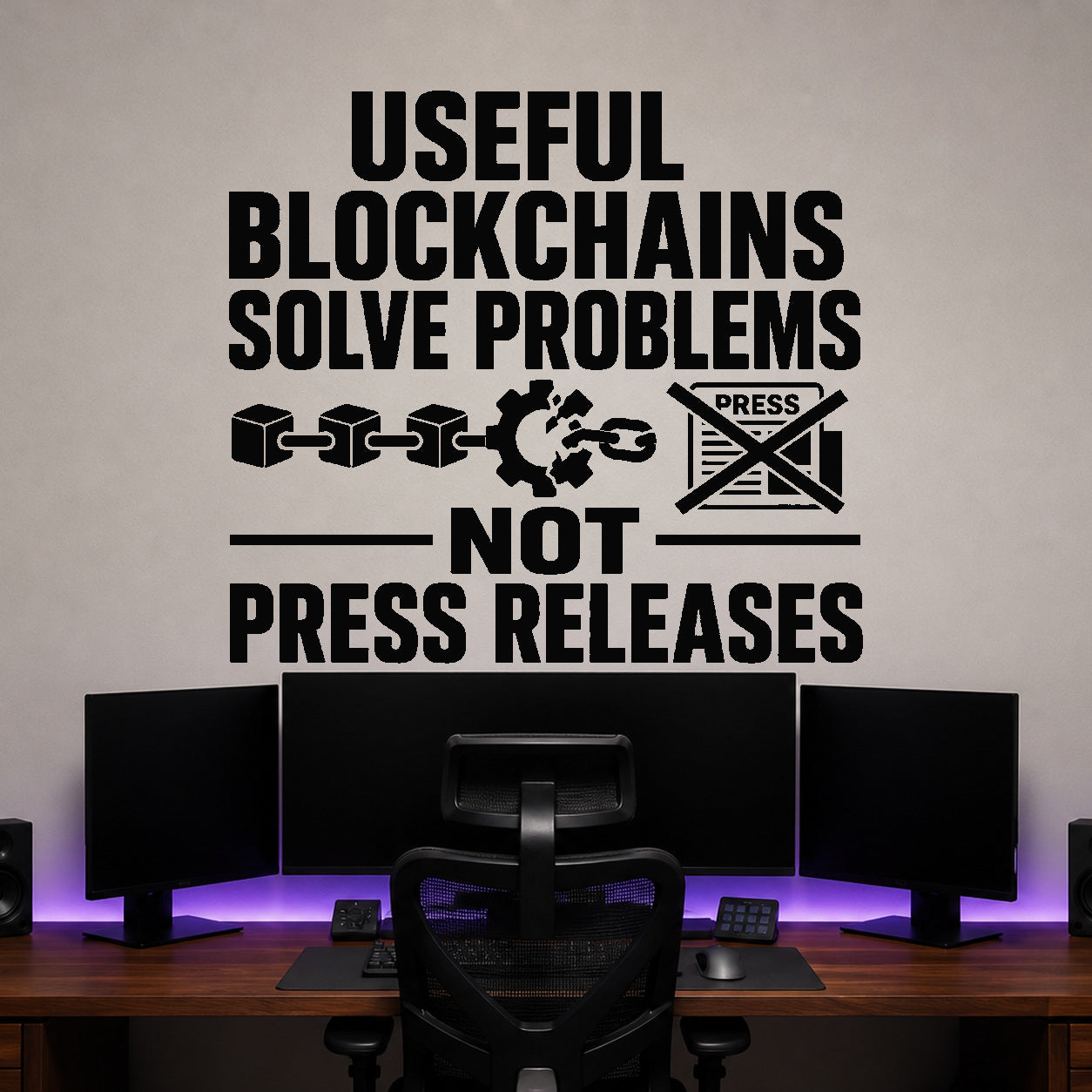 Useful Blockchains Solve Problems Not Press Releases removable vinyl wall decal shown in a styled room.
