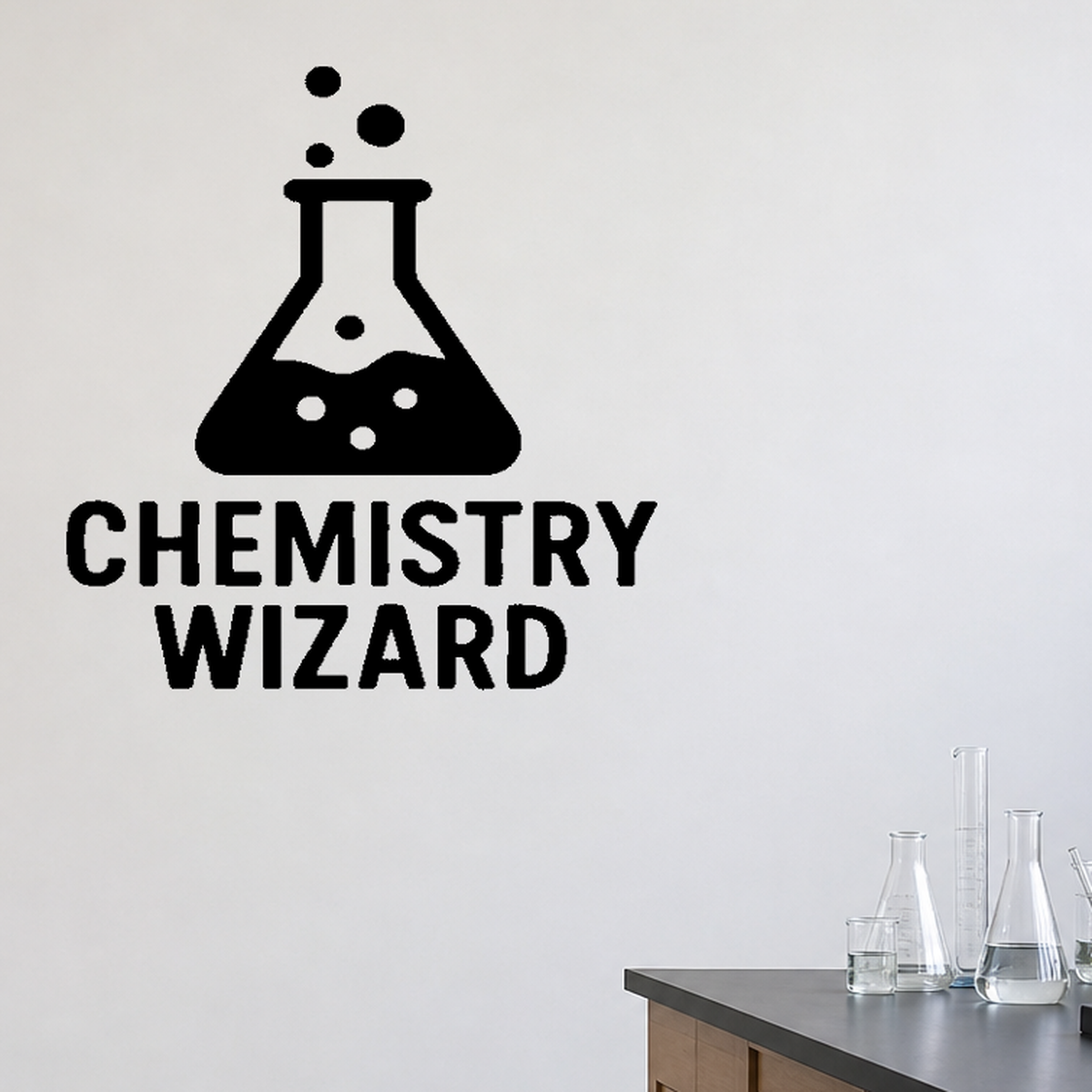 Chemistry Wizard - Funny Chemistry Wall Decal Vinyl Sticker Removable shown as a removable vinyl wall decal in a category-appropriate room
