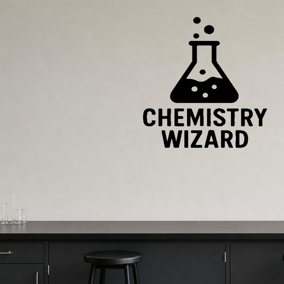 Chemistry Wizard - Funny Chemistry Wall Decal Vinyl Sticker Removable shown as a removable vinyl wall decal in a second room setting