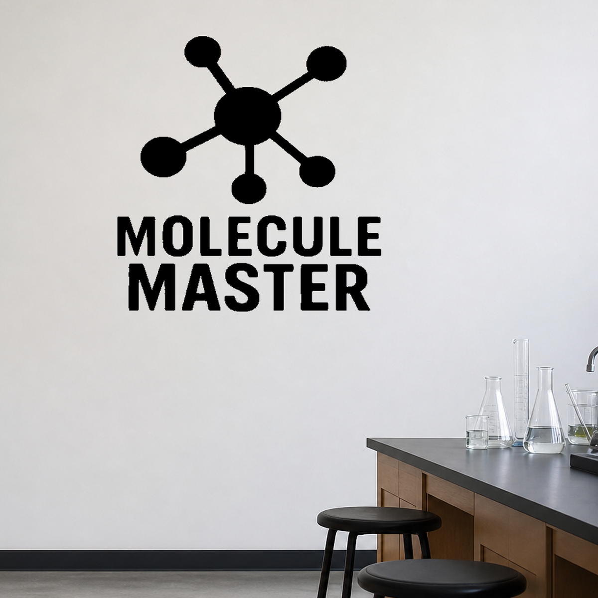 Molecule Master - Funny Chemistry Wall Decal Vinyl Sticker Removable shown as a removable vinyl wall decal in a second room setting