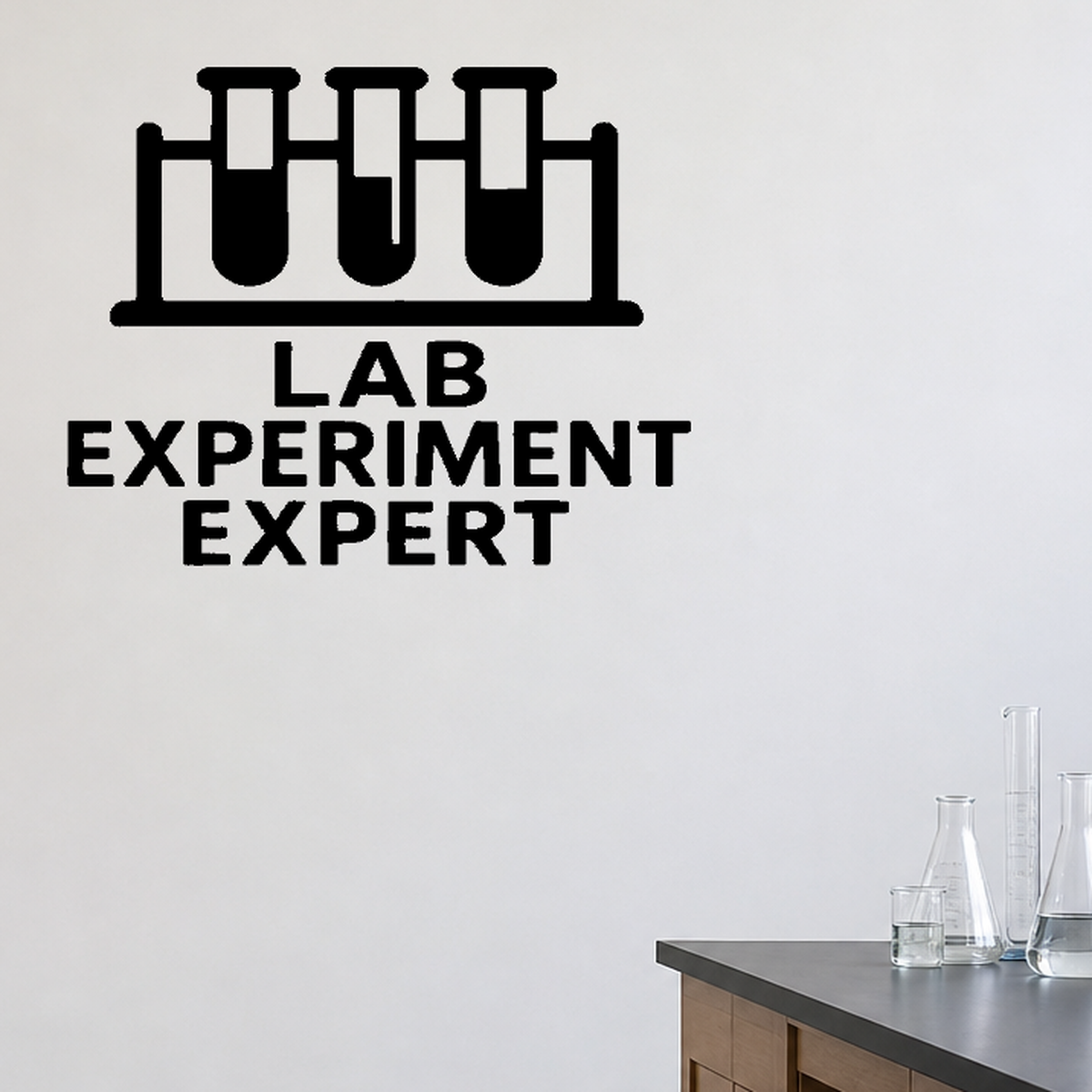 Lab Experiment Expert - Funny Chemistry Wall Decal Vinyl Sticker Removable shown as a removable vinyl wall decal in a category-appropriate room
