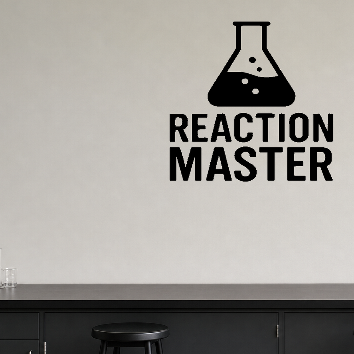 Reaction Master - Funny Chemistry Wall Decal Vinyl Sticker Removable shown as a removable vinyl wall decal in a second room setting