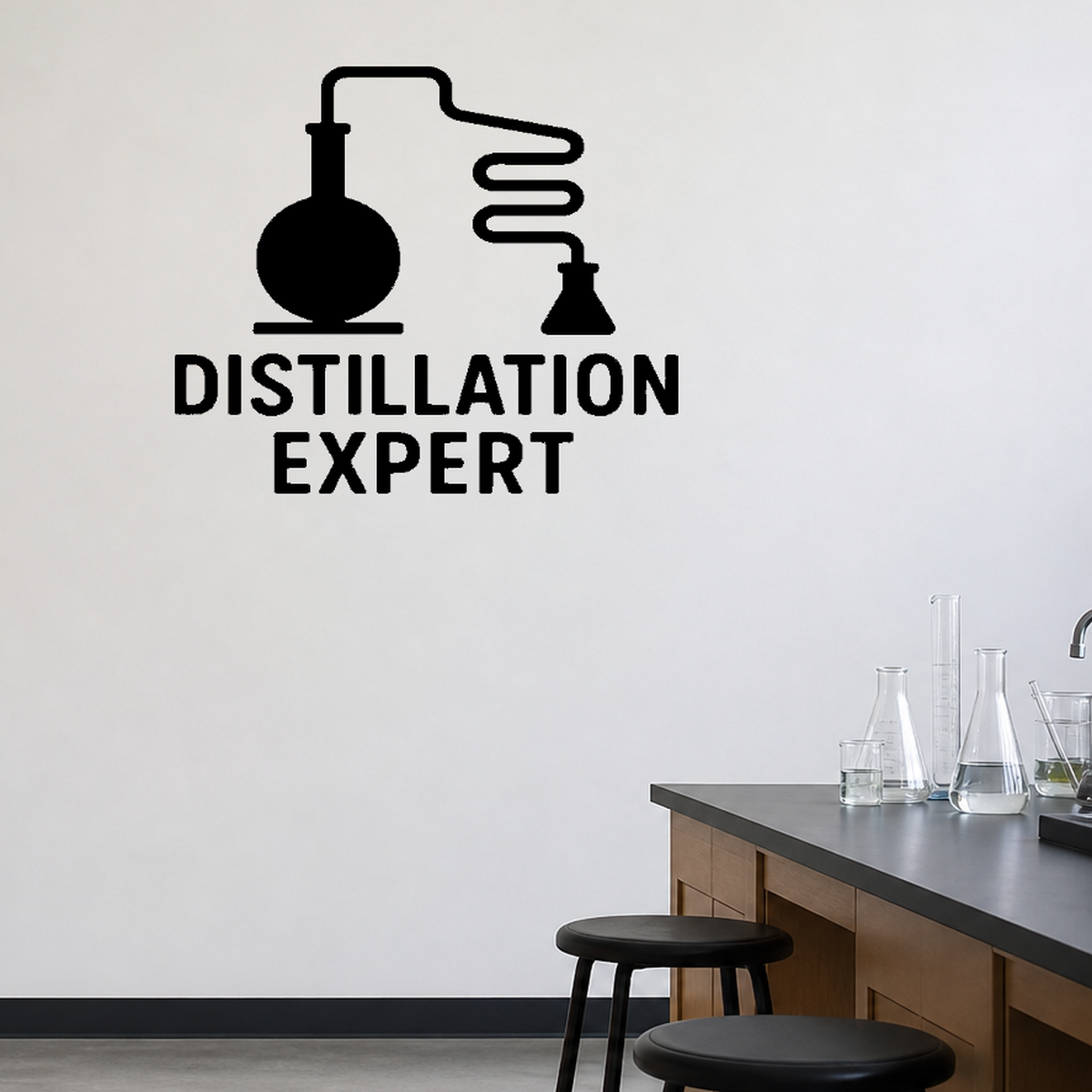 Distillation Expert - Funny Chemistry Wall Decal Vinyl Sticker Removable shown as a removable vinyl wall decal in a second room setting