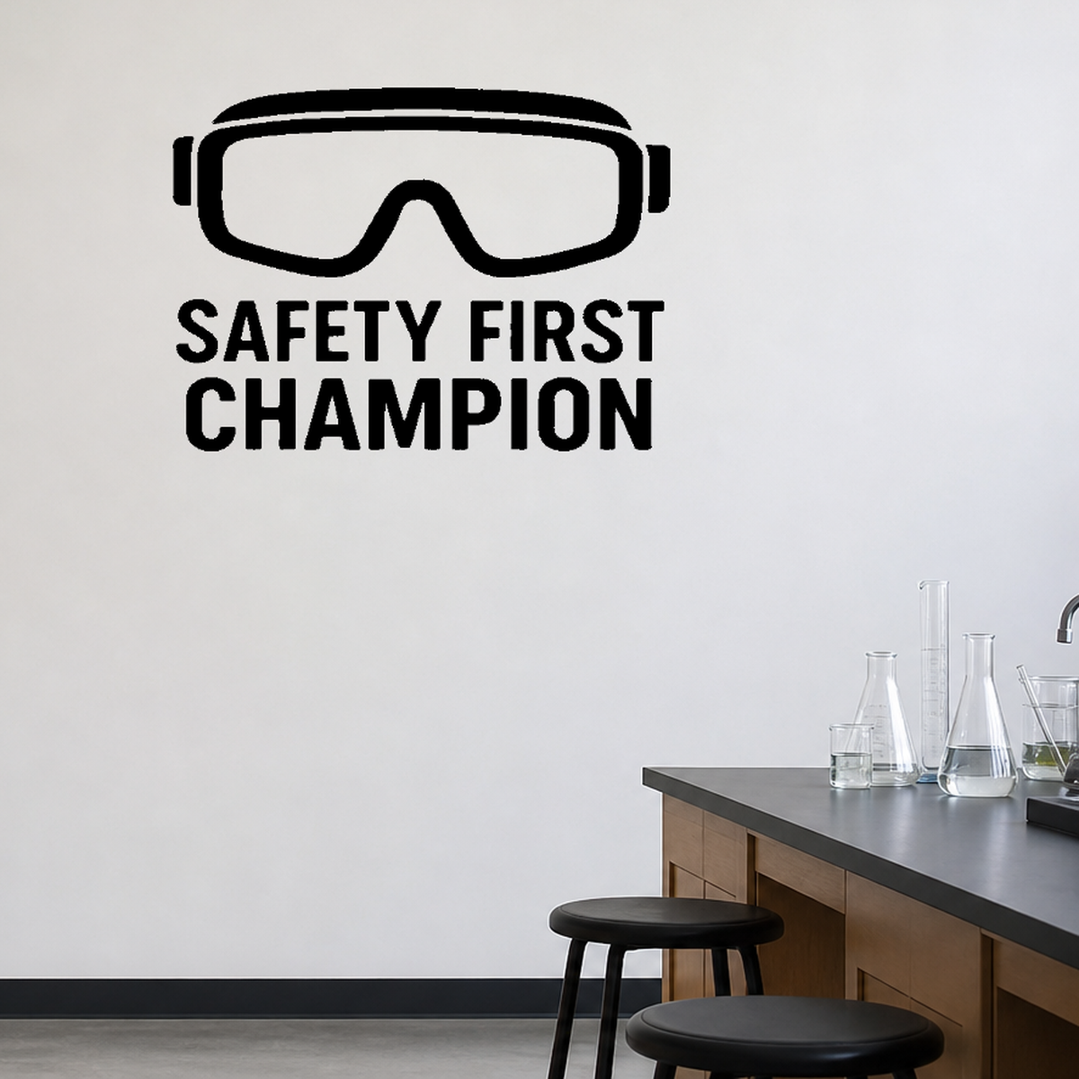 Safety First Champion - Funny Chemistry Wall Decal Vinyl Sticker Removable shown as a removable vinyl wall decal in a second room setting