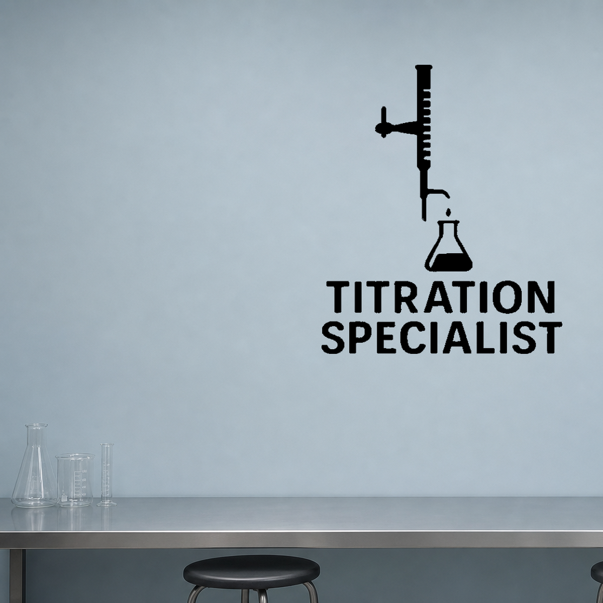 Titration Specialist - Funny Chemistry Wall Decal Vinyl Sticker Removable shown as a removable vinyl wall decal in a second room setting
