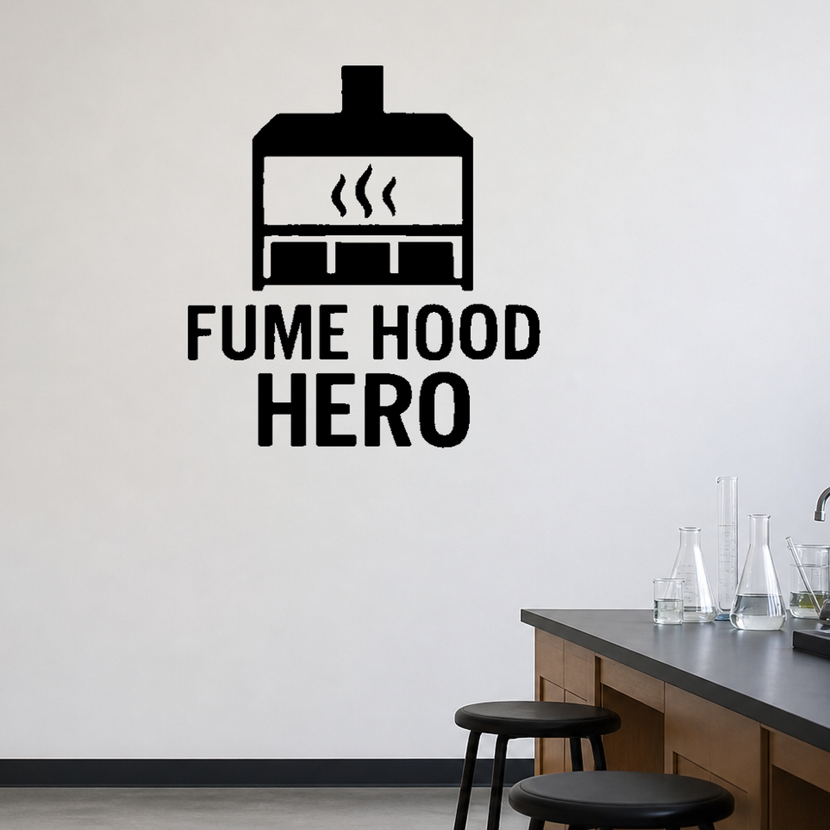 Fume Hood Hero - Funny Chemistry Wall Decal Vinyl Sticker Removable shown as a removable vinyl wall decal in a second room setting