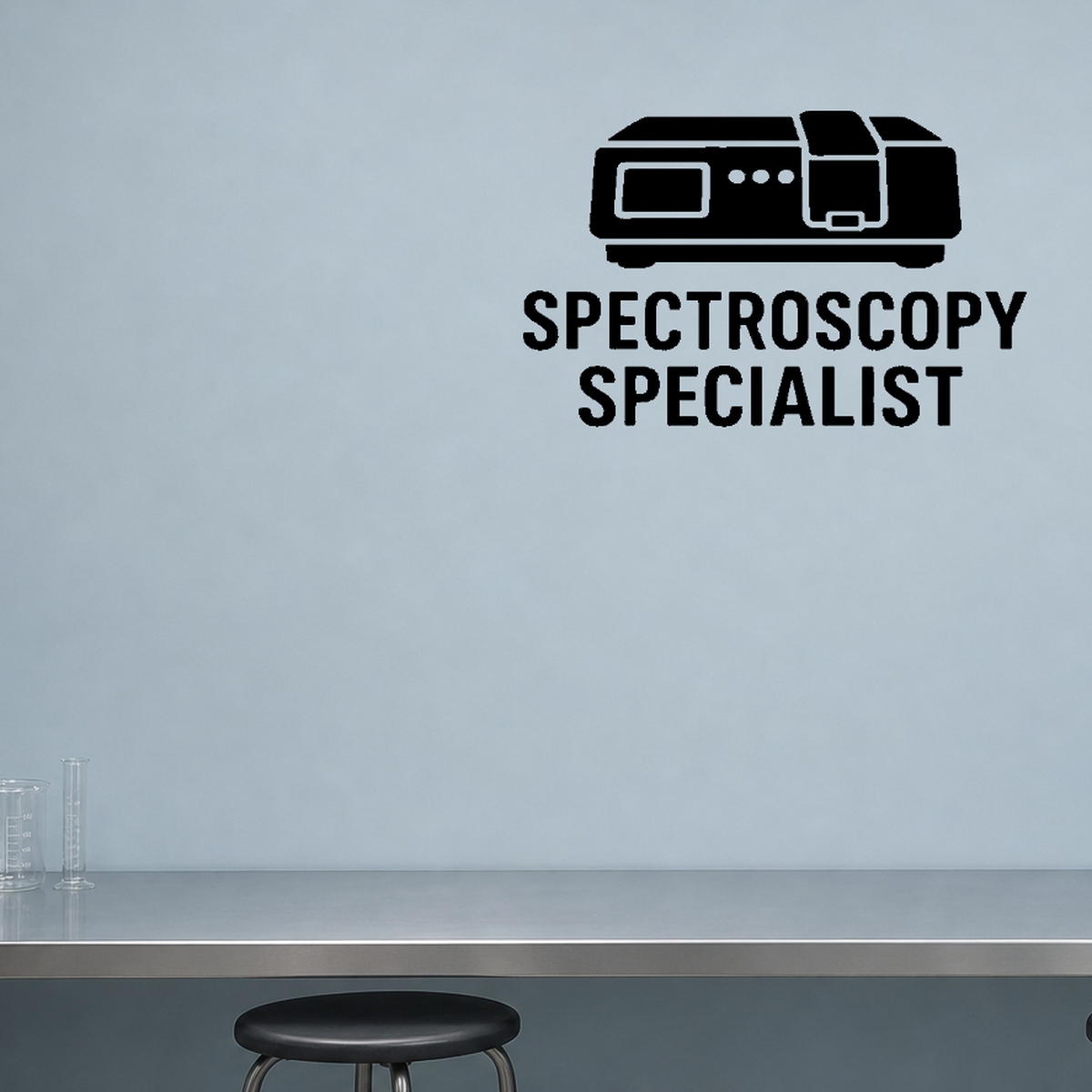 Spectroscopy Specialist - Funny Chemistry Wall Decal Vinyl Sticker Removable shown as a removable vinyl wall decal in a second room setting