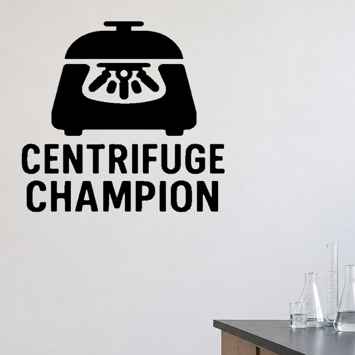 Centrifuge Champion - Funny Chemistry Wall Decal Vinyl Sticker Removable shown as a removable vinyl wall decal in a category-appropriate room