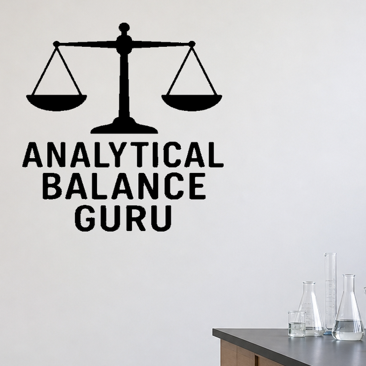 Analytical Balance Guru - Funny Chemistry Wall Decal Vinyl Sticker Removable shown as a removable vinyl wall decal in a category-appropriate room