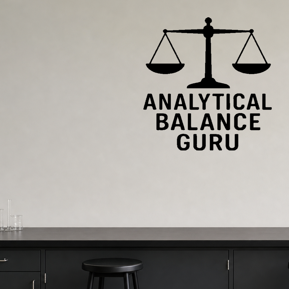 Analytical Balance Guru - Funny Chemistry Wall Decal Vinyl Sticker Removable shown as a removable vinyl wall decal in a second room setting