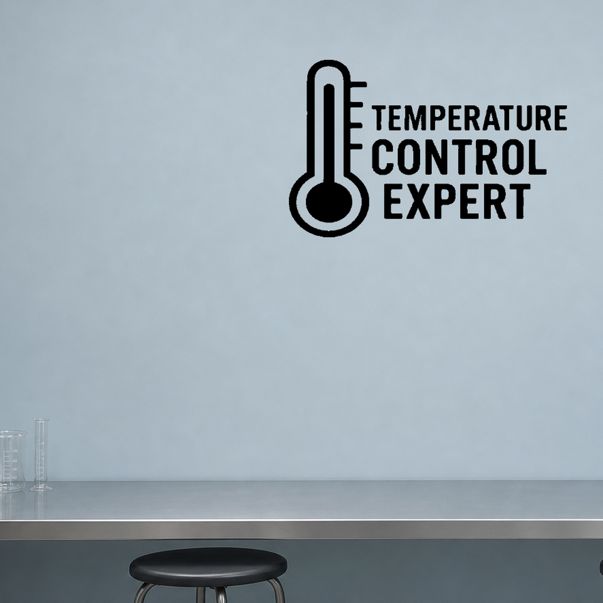 Temperature Control Expert - Funny Chemistry Wall Decal Vinyl Sticker Removable shown as a removable vinyl wall decal in a second room setting
