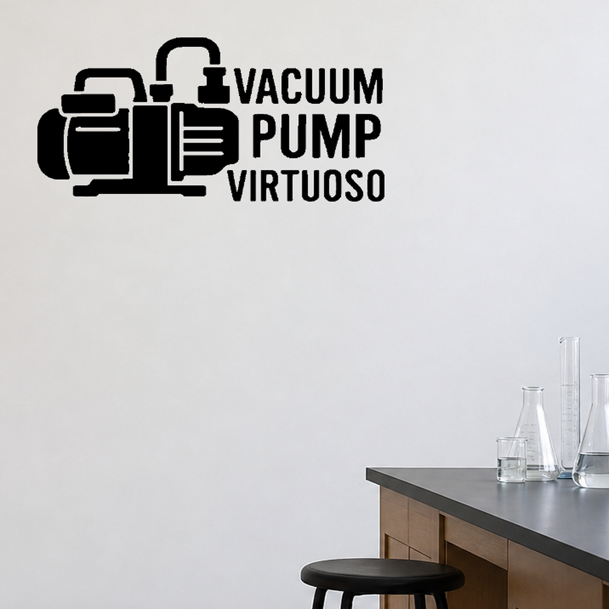 Vacuum Pump Virtuoso - Funny Chemistry Wall Decal Vinyl Sticker Removable shown as a removable vinyl wall decal in a category-appropriate room