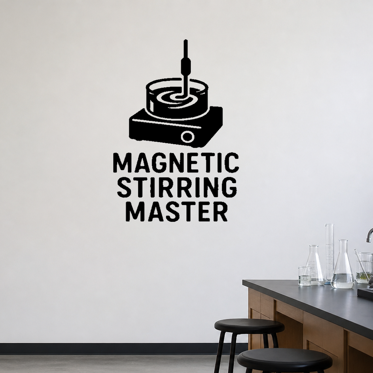 Magnetic Stirring Master - Funny Chemistry Wall Decal Vinyl Sticker Removable shown as a removable vinyl wall decal in a second room setting