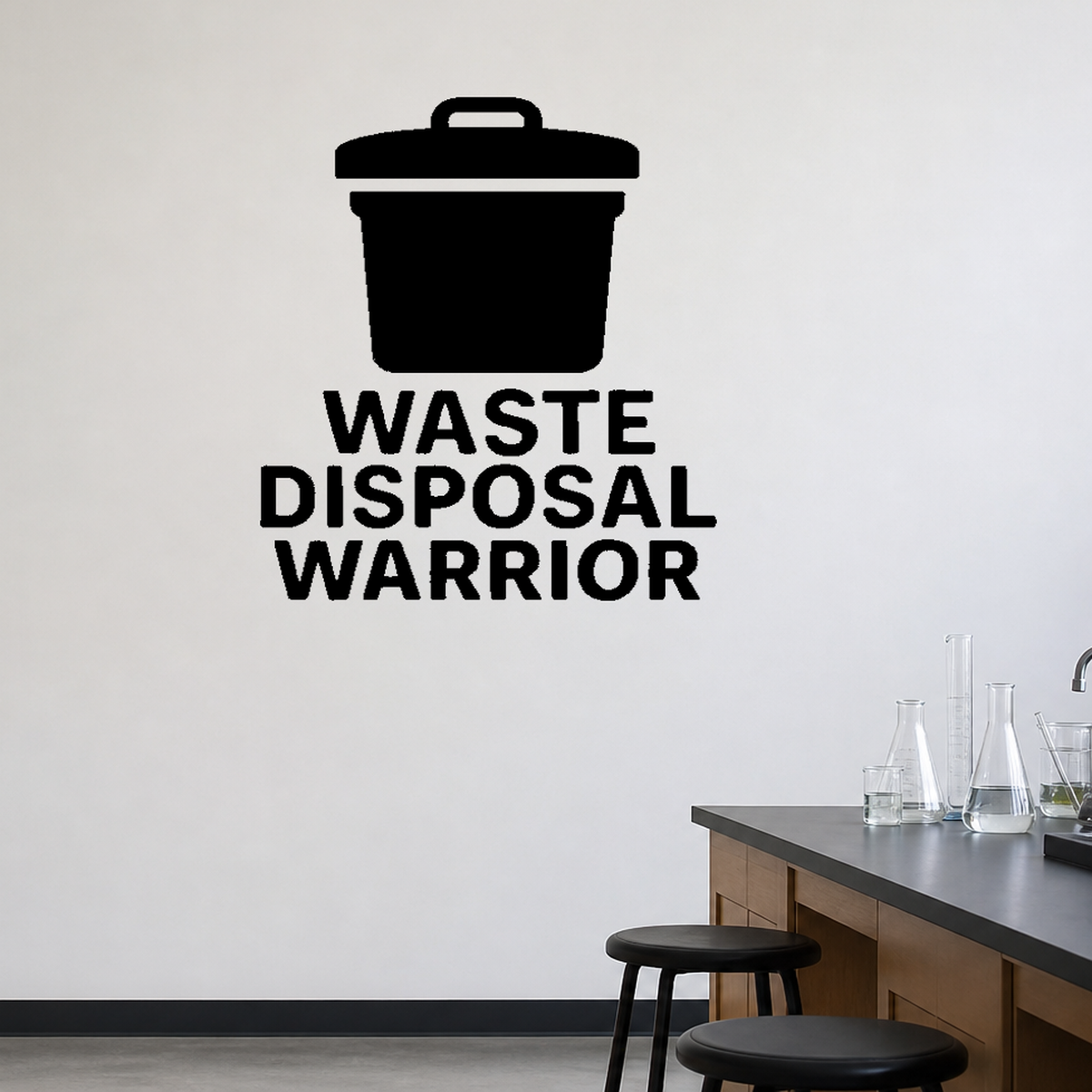 Waste Disposal Warrior - Funny Chemistry Wall Decal Vinyl Sticker Removable shown as a removable vinyl wall decal in a second room setting
