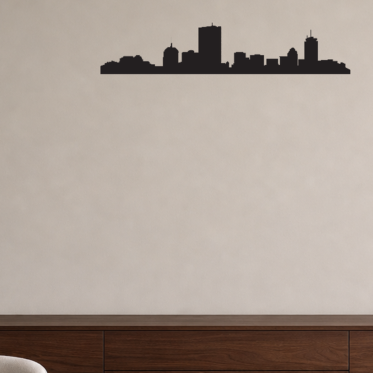 Boston skyline removable vinyl wall decal shown installed in a styled room