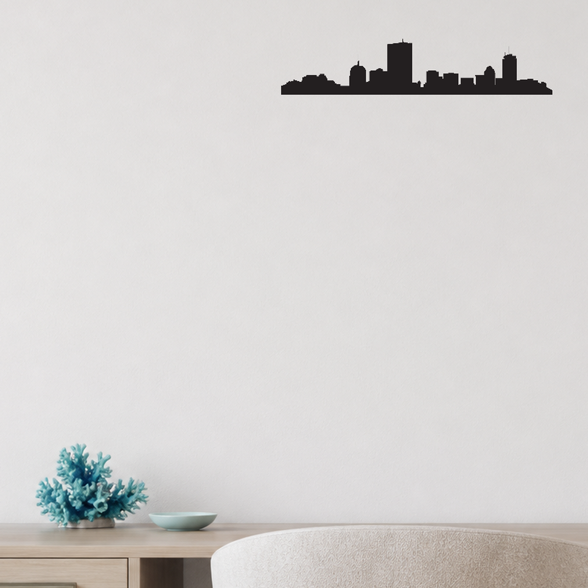 Boston skyline removable vinyl wall decal shown installed in a second room setting